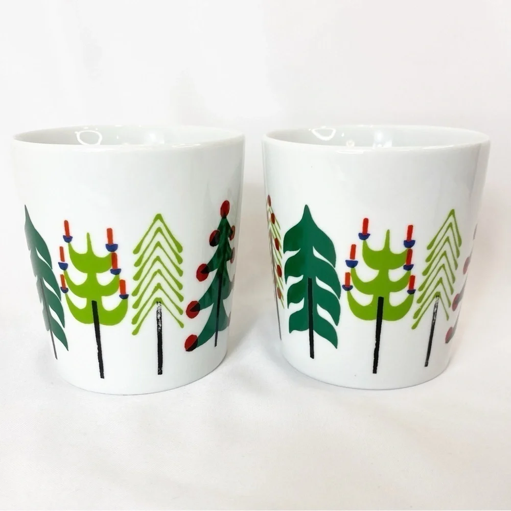 Set of 2 Crate & Barrel “Jingle Mug” Yule Christmas Trees by Julia Rothman NWT